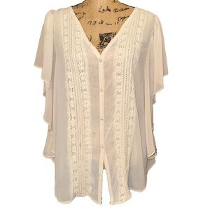 Jack Sheer Butterfly Sleeve Tunic Length Cream Button Down Blouse Size Small